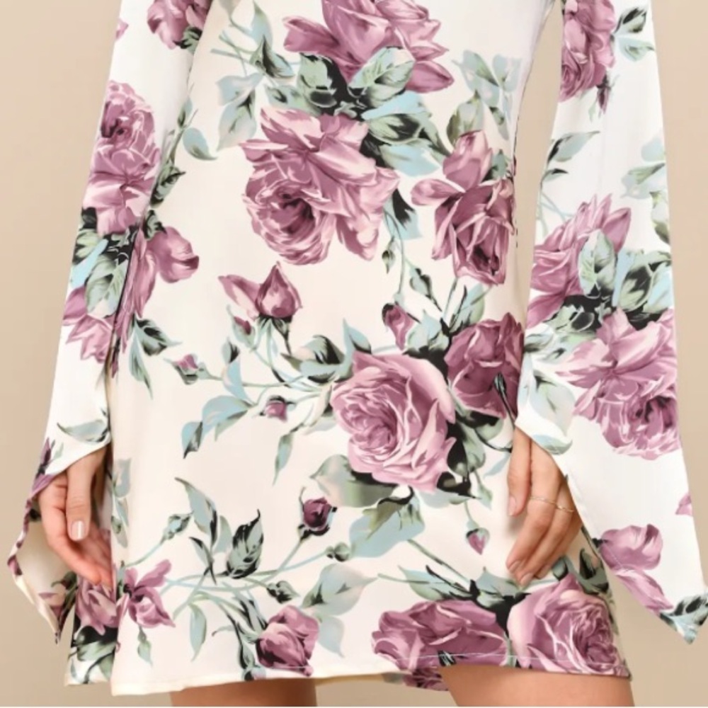 Lulus Sweet RSVP Cream Floral Satin Backless Long Sleeve Mini Dress, Medium - Picture 10 of 10